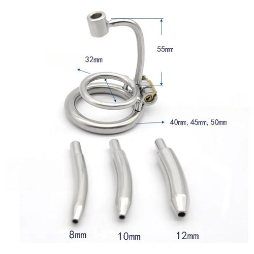 316 Stainless Steel Chastity Device | Locking Cage + 3 Catheters (8–12mm)