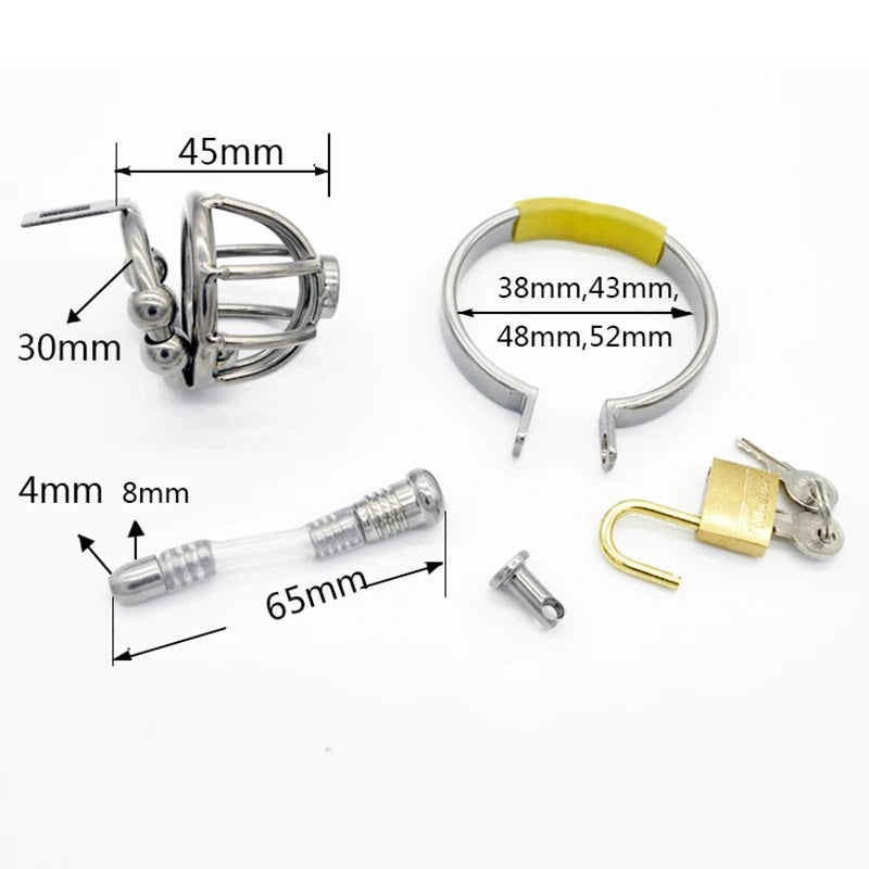 Stainless Steel Male Chastity Device Small Beads – Locking Cage with Catheter and Ring