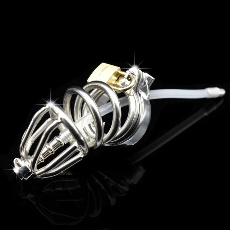 Stainless Steel Standard Male Chastity Device with Catheter Deluxe