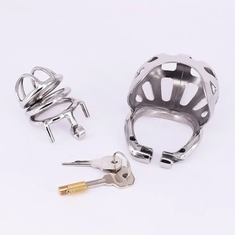 Short Stainless Steel Chastity Cage with Scrotum Pouch – Arc Ring Metal Device for Men