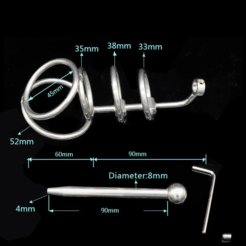 Stainless Steel Chastity Device with Urethral Catheter Plug for Male