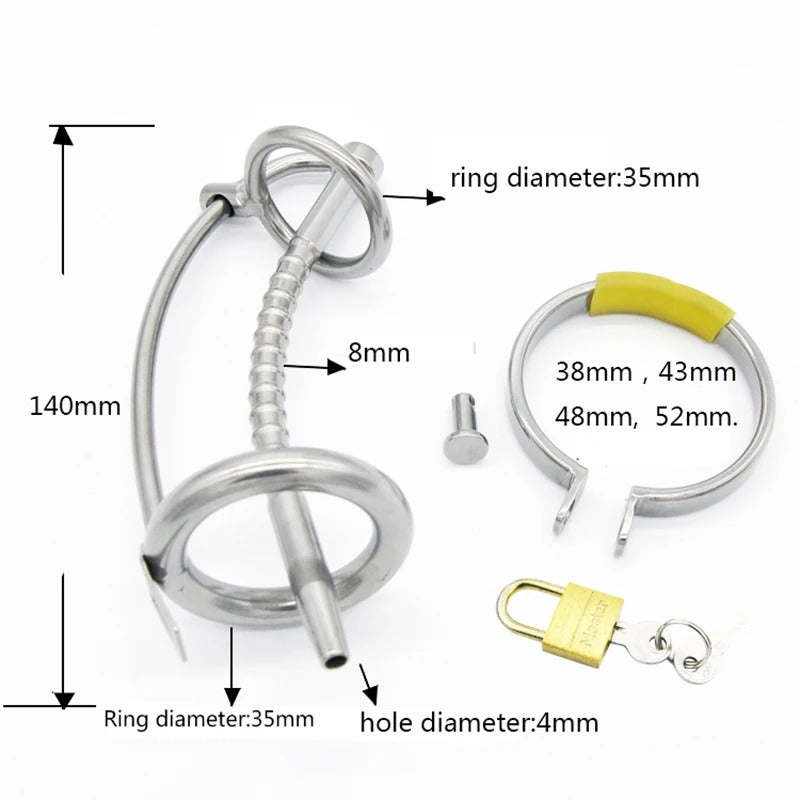 Male Stainless Steel Chastity Device with Catheter Attachment
