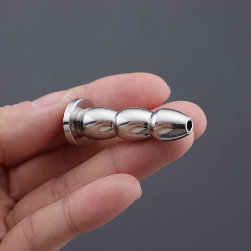 Stainless Steel Hollow Urethral Sound with 3 Beads – Penis Plug Dilator for Men