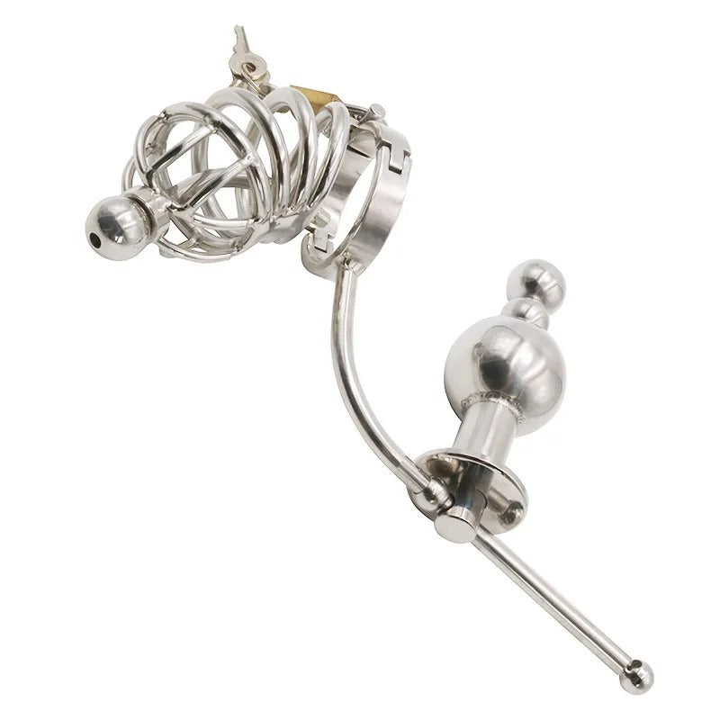 Men’s Stainless Steel Chastity Device with Anal Plug & Beads