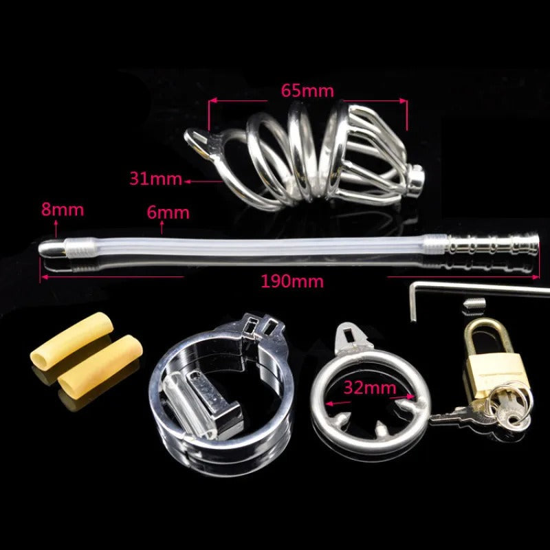Stainless Steel Standard Male Chastity Device with Catheter Deluxe