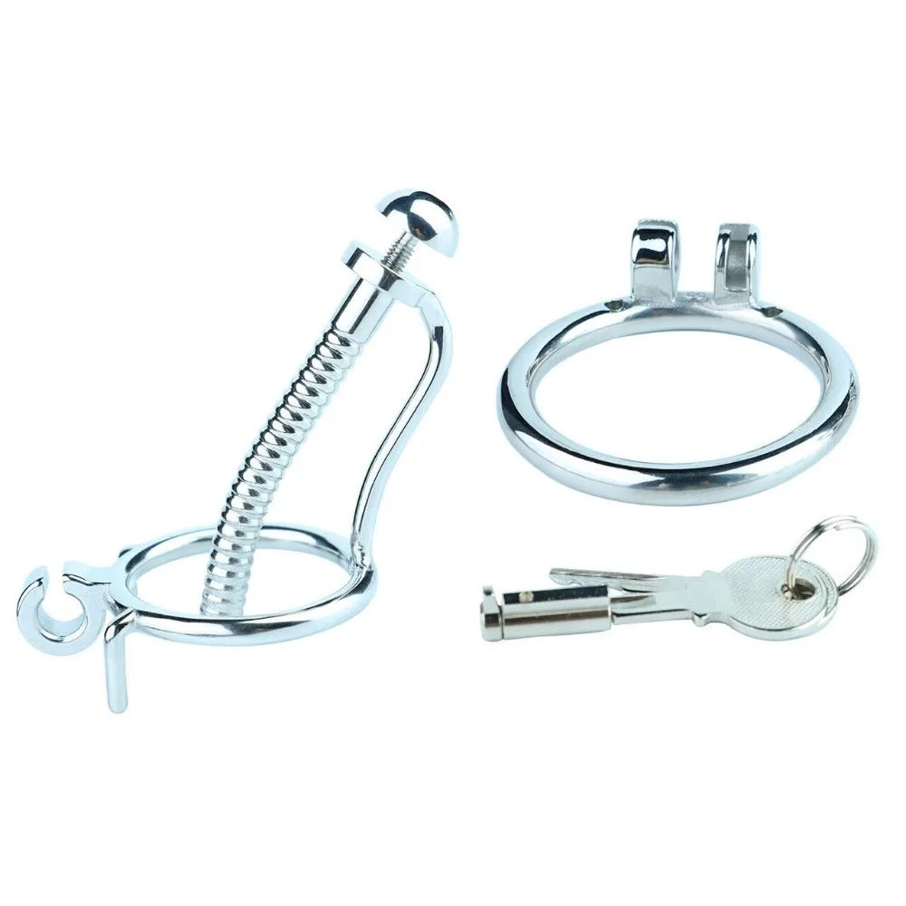Stainless Steel Male Chastity Device – Locking Cage with Catheter and Ring-Men Chastity Belt