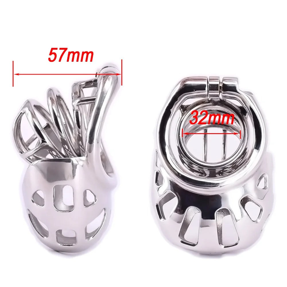 Short Stainless Steel Chastity Cage with Scrotum Pouch – Arc Ring Metal Device for Men