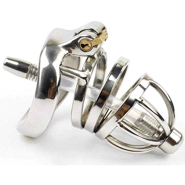 Stainless Steel Stealth Lock Male Short Chastity Device with Urethral Catheter