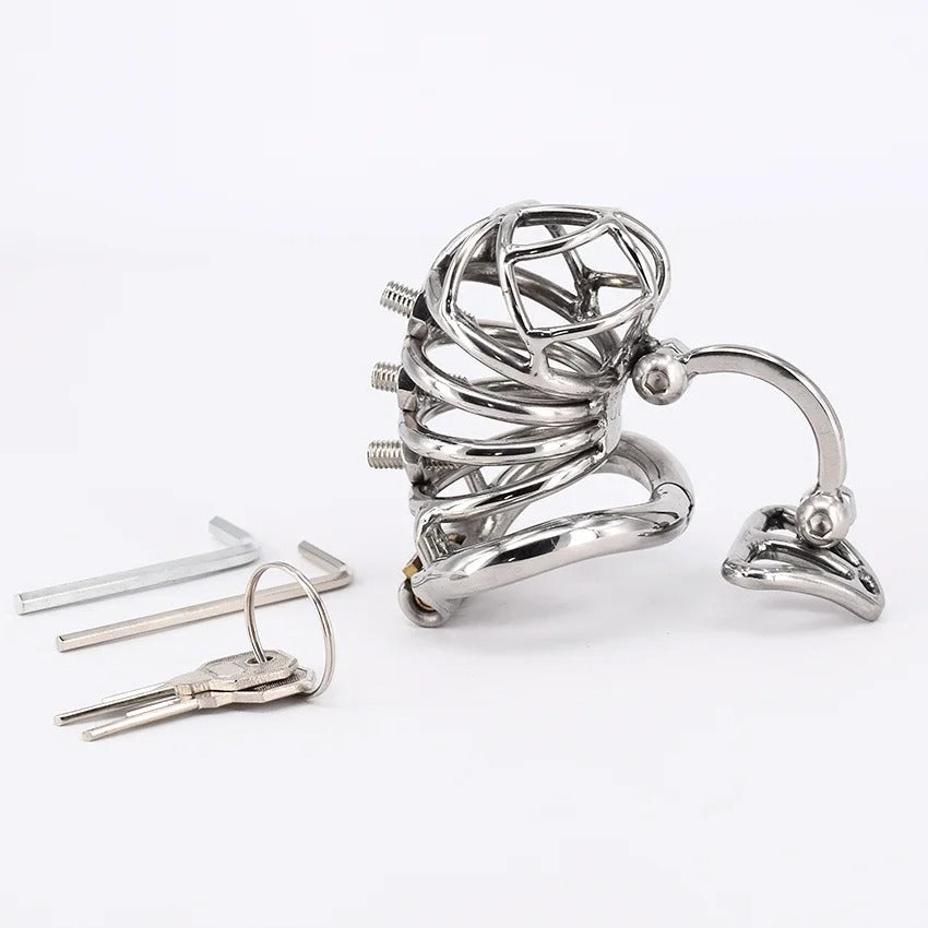 Stainless Steel Male Chastity Cage with Removable Spikes and Scrotum Stimulator