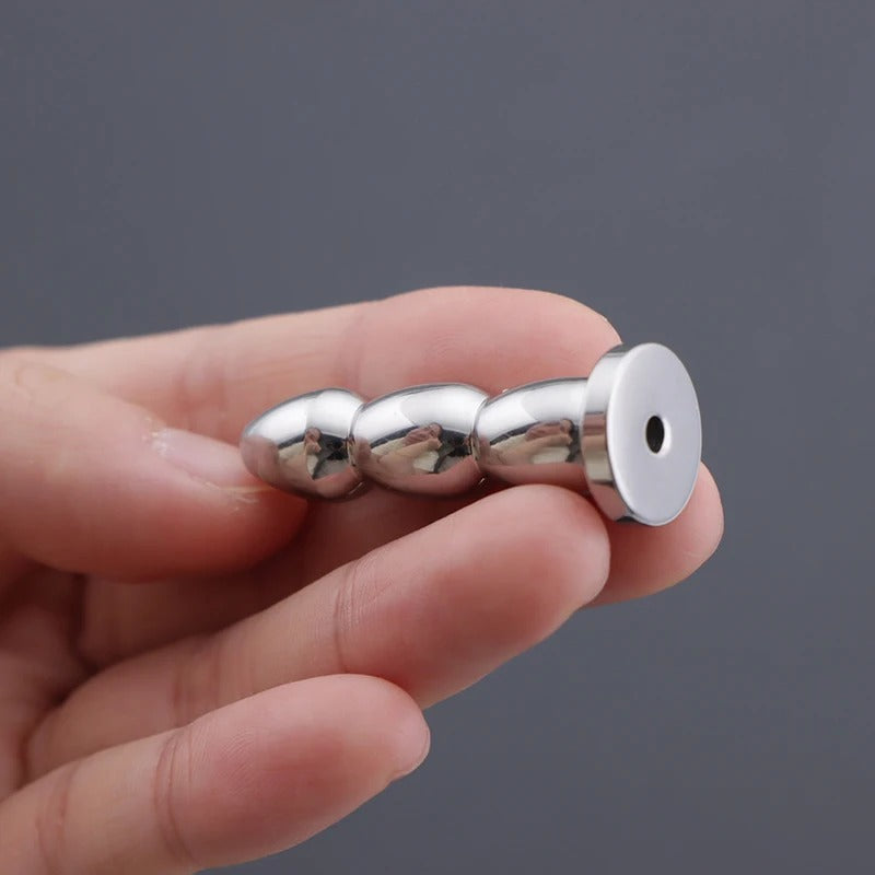 Stainless Steel Hollow Urethral Sound with 3 Beads – Penis Plug Dilator for Men