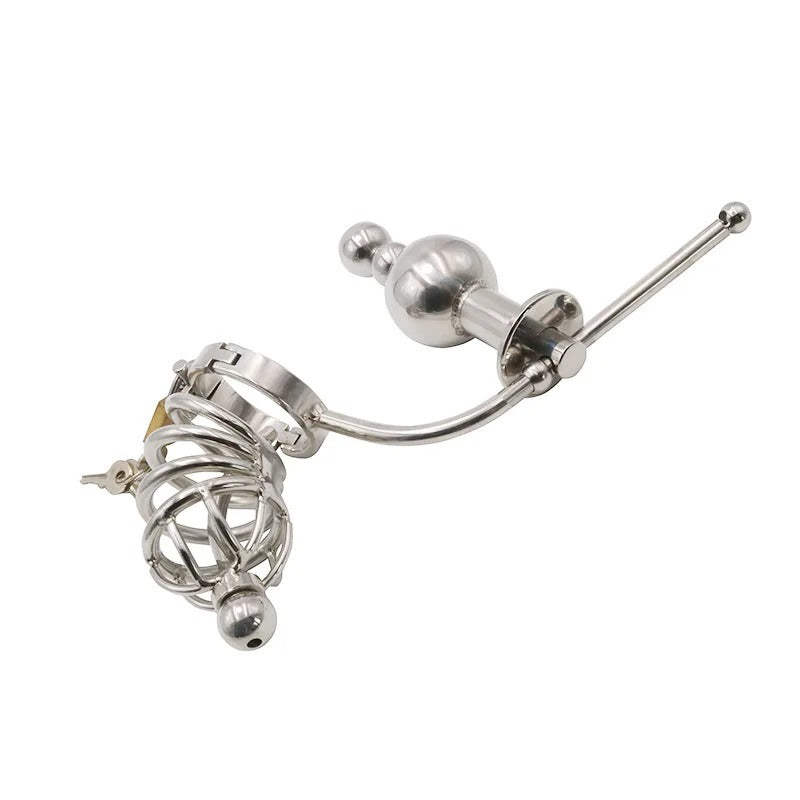 Men’s Stainless Steel Chastity Device with Anal Plug & Beads