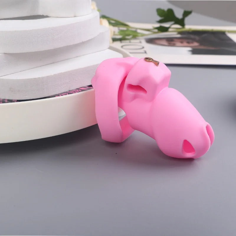 New Model Silicone Male Chastity Cage – Lightweight Lock with 5 Rings, Black & Pink