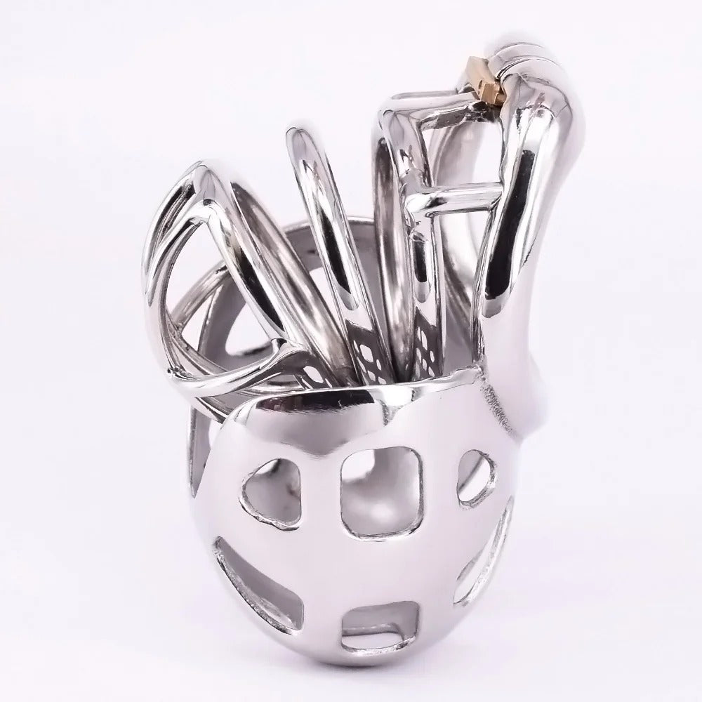 Short Stainless Steel Chastity Cage with Scrotum Pouch – Arc Ring Metal Device for Men
