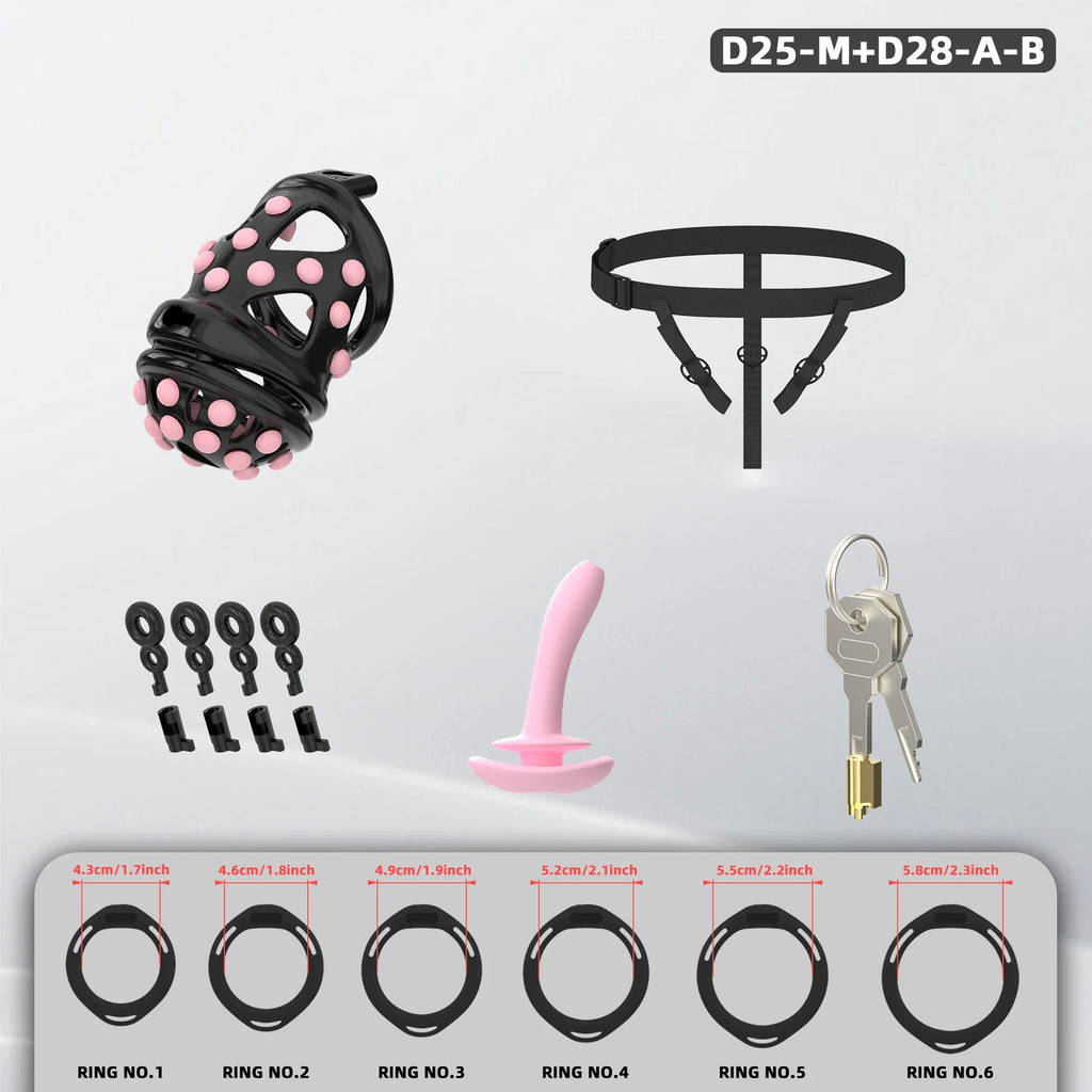 New Male Chastity Cage with Soft Studs, Urethral Sound Plug & 6 Interchangeable Rings