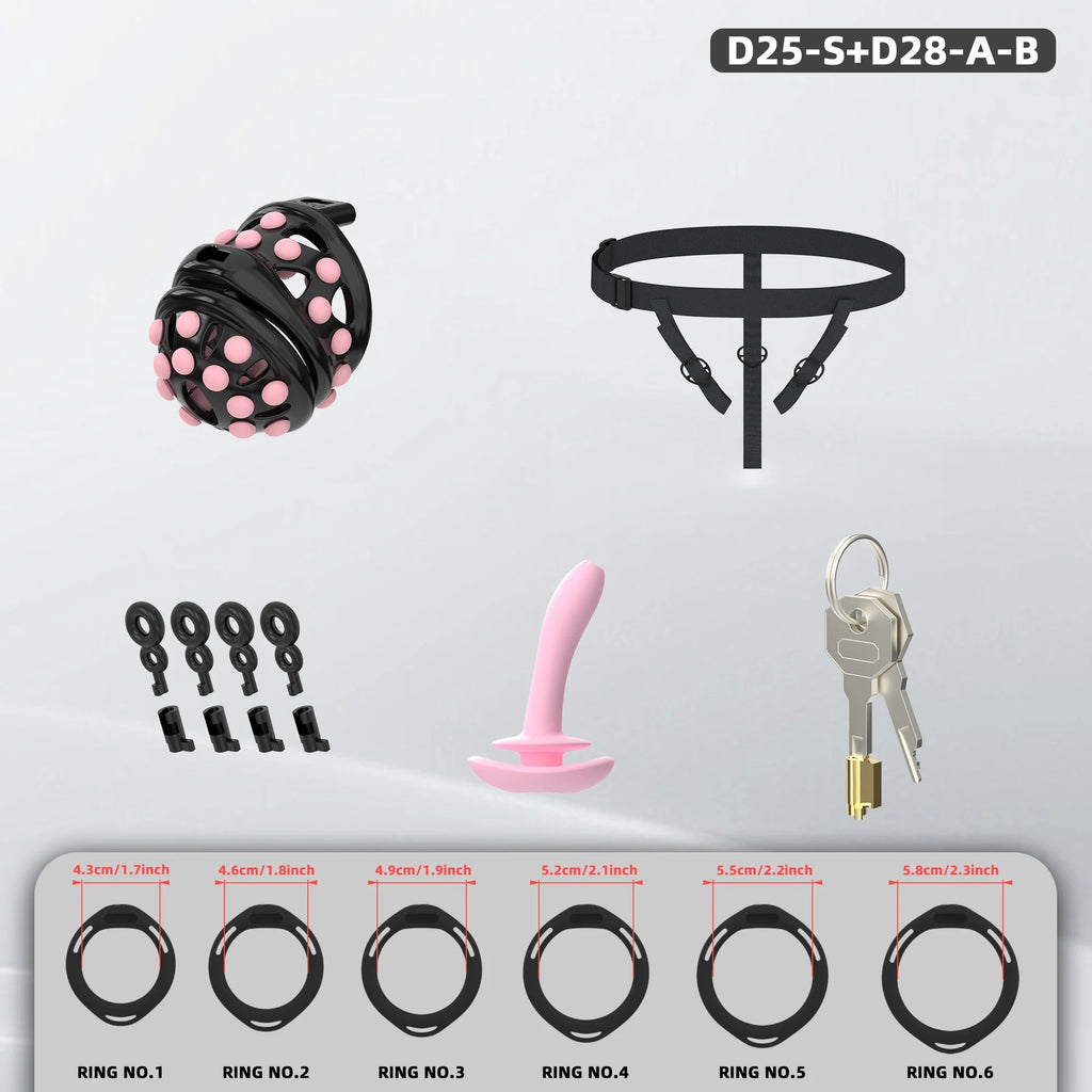 New Male Chastity Cage with Soft Studs, Urethral Sound Plug & 6 Interchangeable Rings