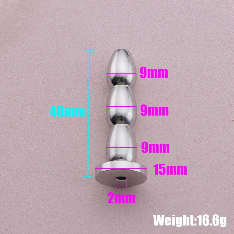 Stainless Steel Hollow Urethral Sound with 3 Beads – Penis Plug Dilator for Men