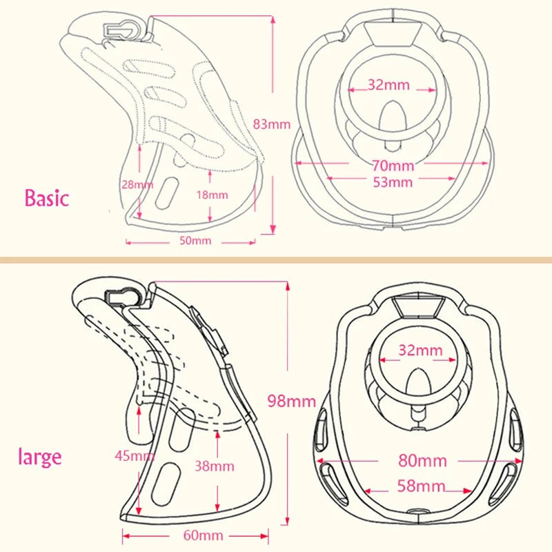Male chastity cage set with keys, pin and four size rings