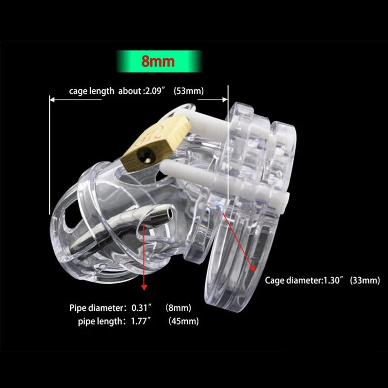  Male chastity device complete set with cage, 5 rings, catheter and brass lock