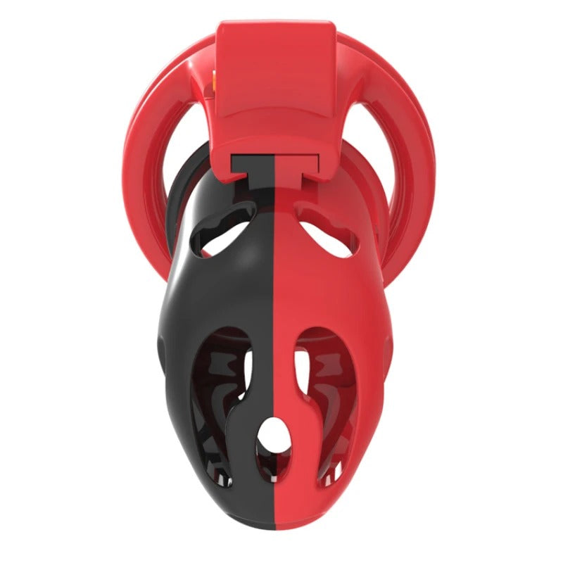 Male chastity device with red and black contrast color design