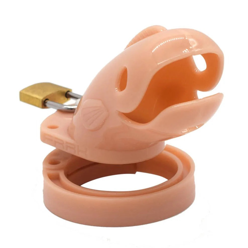 Male chastity cage with brass lock and dolphin whale style