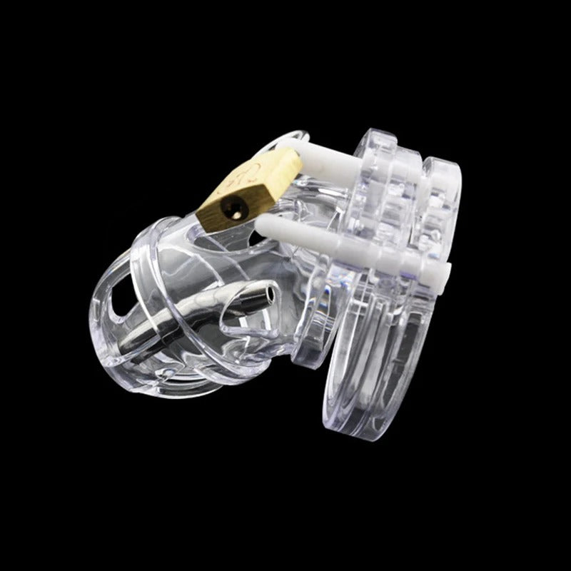 Male chastity device with hard plastic cage and removable stainless steel catheter
