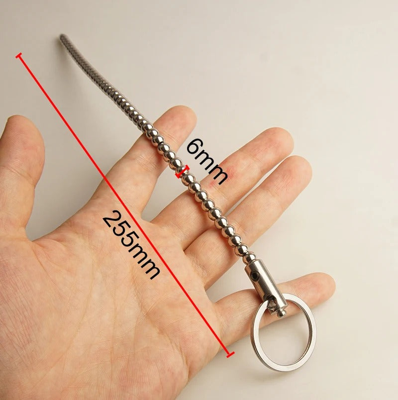 Long stainless steel male urethral beads, side profile to show bead contour
​