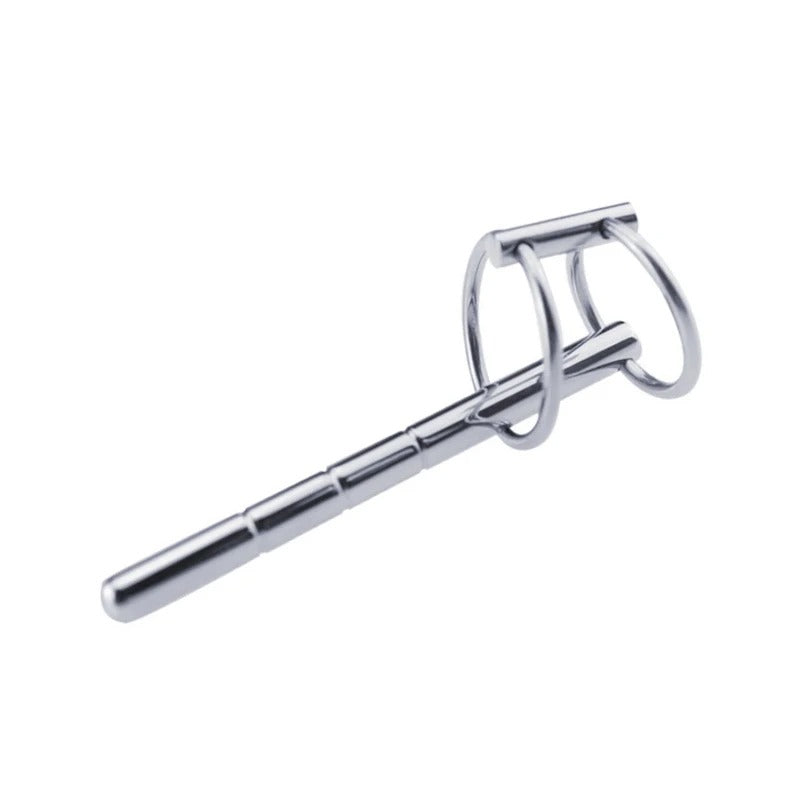 Angled studio photo of stainless steel urethral sound with horse-eye plug design, men’s metal dilator accessory