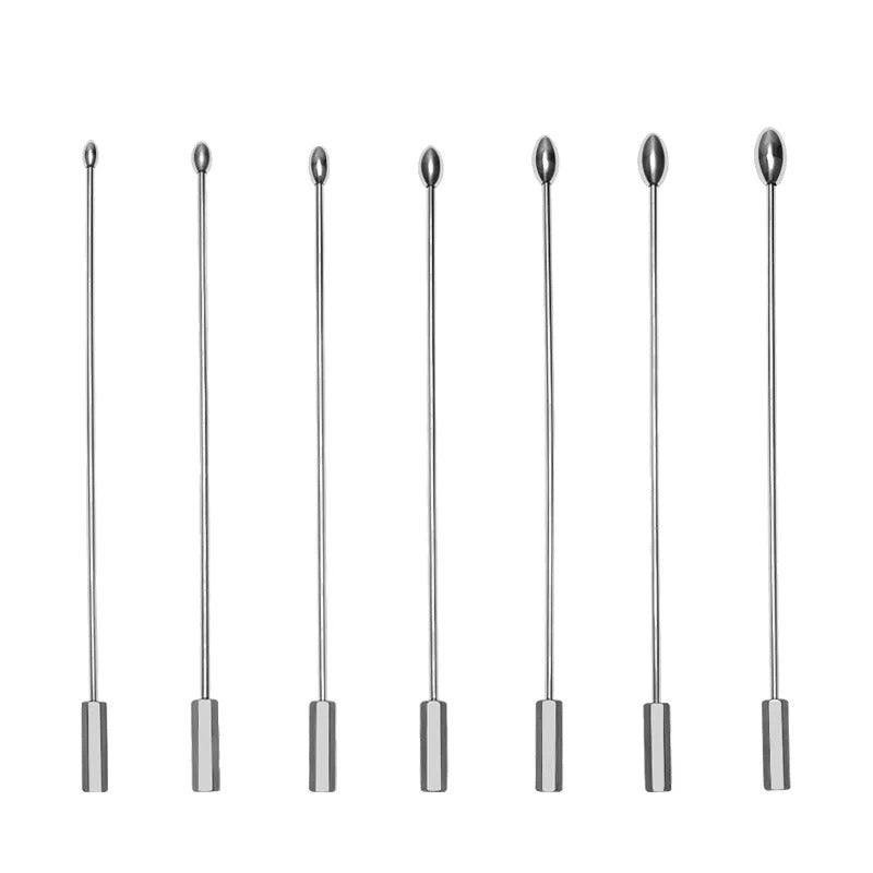 Men’s stainless steel urethral sound with bullet tip, metal dilator penis plug for sensation play, full product view