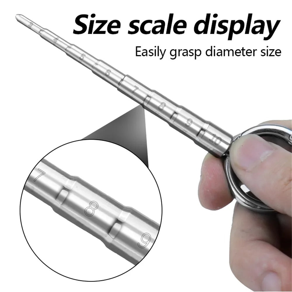Top-down view of a stainless steel urethral dilator plug showing rounded head and scale alignment
