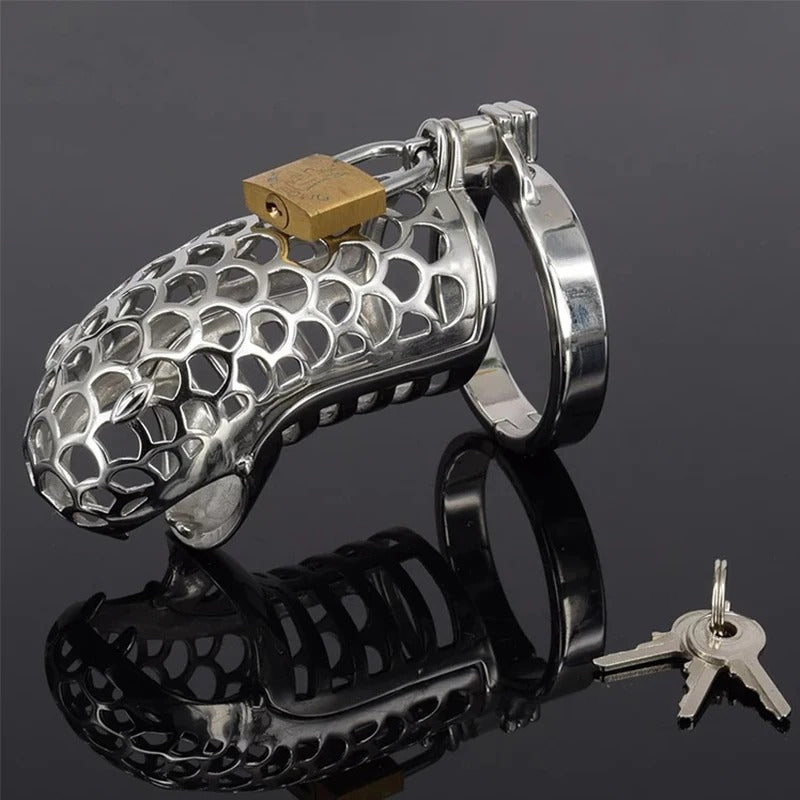 Metal alloy locking chastity cage with polished finish