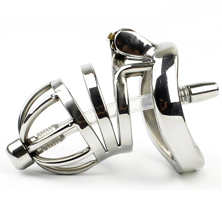 Stainless Steel Stealth Lock Male Short Chastity Device with Urethral Catheter
