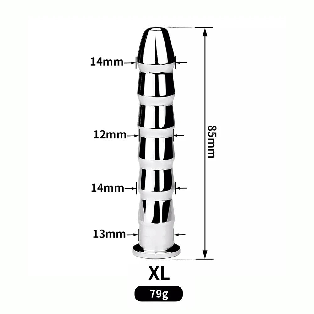 Stainless steel ribbed hollow urethral plug size options from S to XXL, choose size from variants