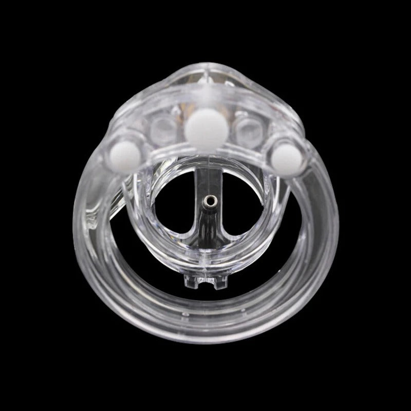Plastic male chastity device with five different size rings and catheter