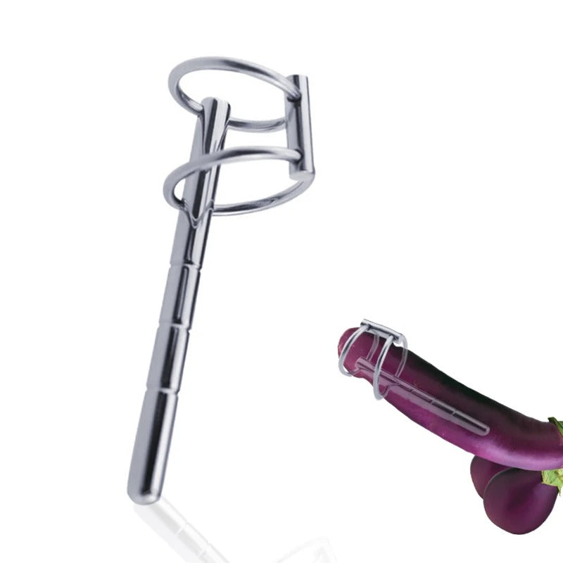 Polished stainless steel surface detail on horse-eye urethral plug, smooth reflective metal finish