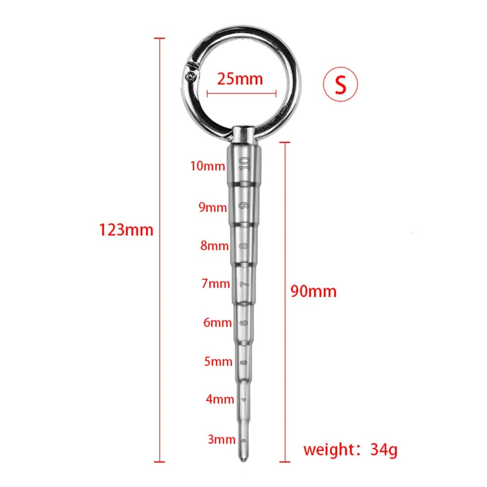 Macro detail of polished stainless steel surface on men’s urethral plug dilator, smooth non-porous finish