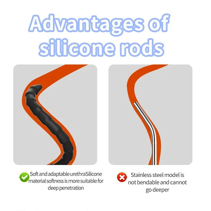 Comparison diagram showing the advantages of a flexible silicone urethral rod versus a rigid stainless steel model