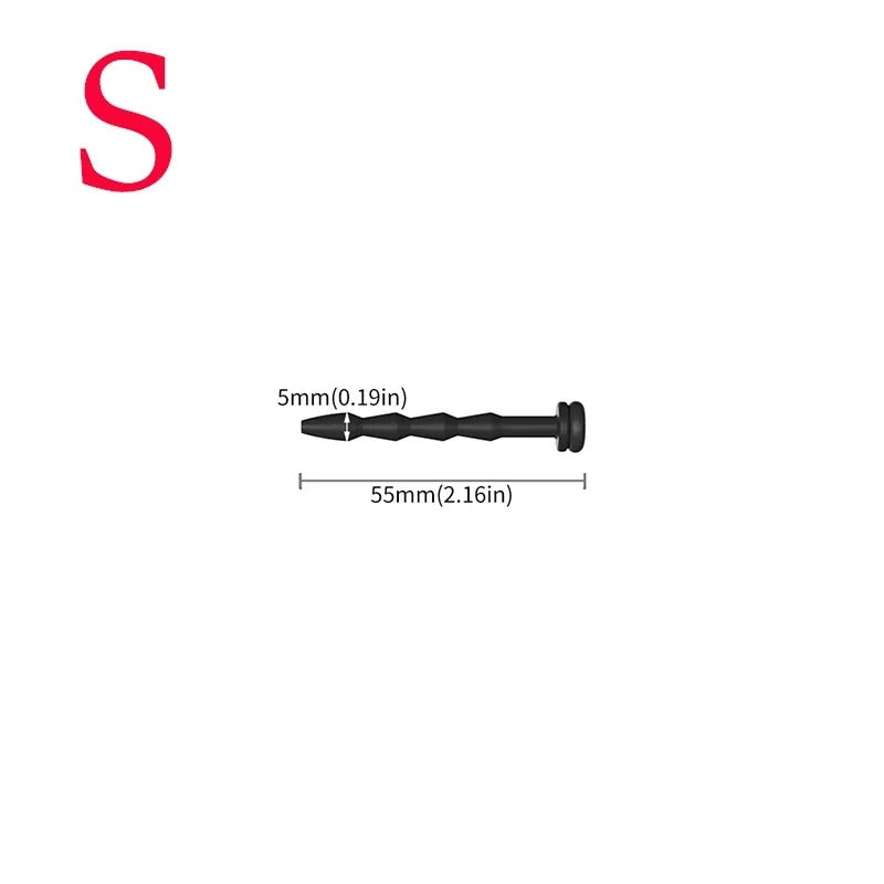 Size S ribbed silicone urethral plug with measurements showing 5mm thickness and 55mm length