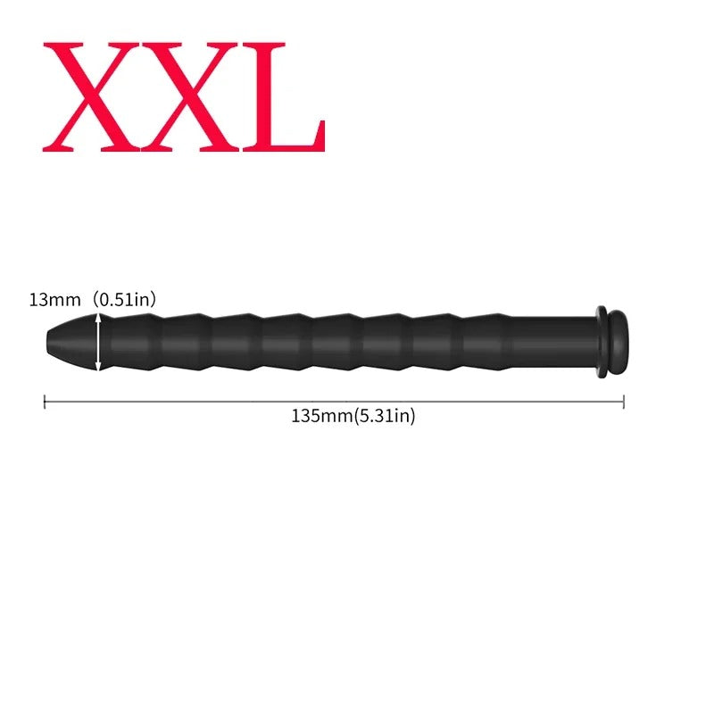 Extra large XXL ribbed silicone urethral plug with dimensions showing 13mm thickness and 135mm length