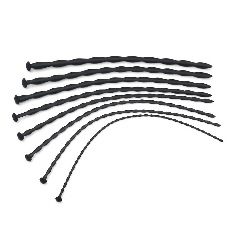 PrecisionLockGear silicone wave urethral penis plug set with eight flexible black horse eye sticks in various sizes