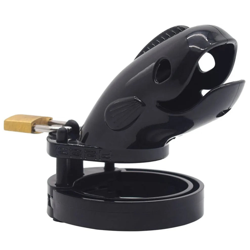 Secure whale shaped chastity cage for men with brass lock