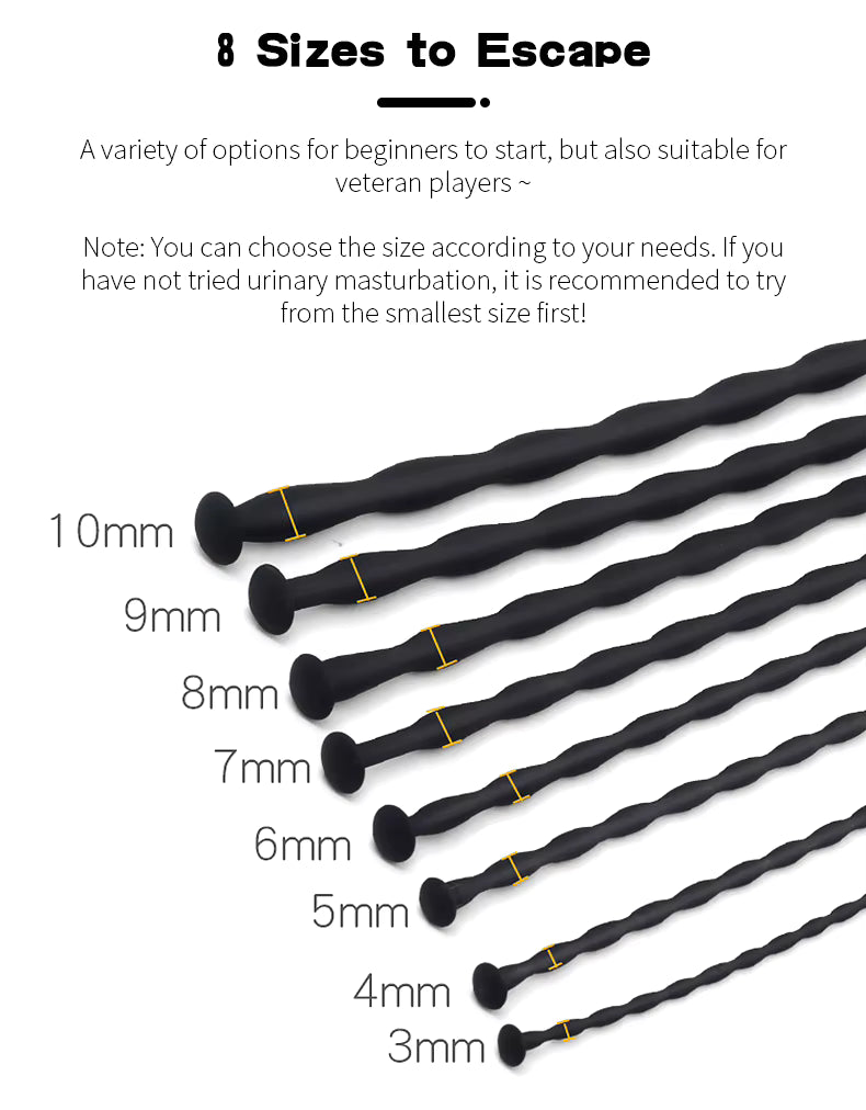 Diagram showing eight different sizes of wave urethral plugs from 3mm to 10mm with guide text for beginners