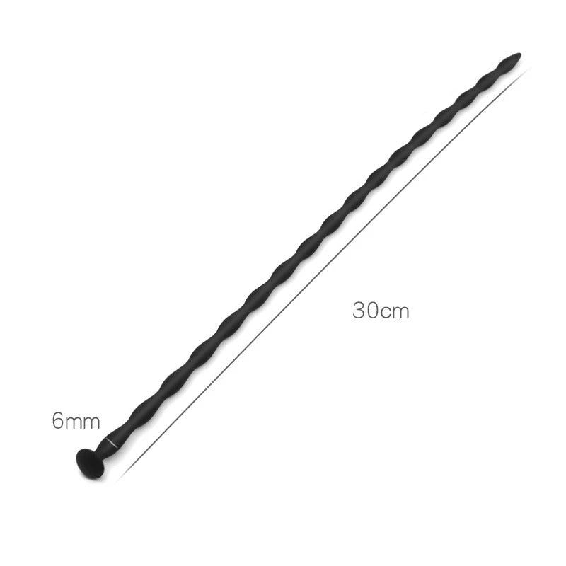 Black textured urethral toy showing 6mm thickness and 30cm length measurements for adult pleasure