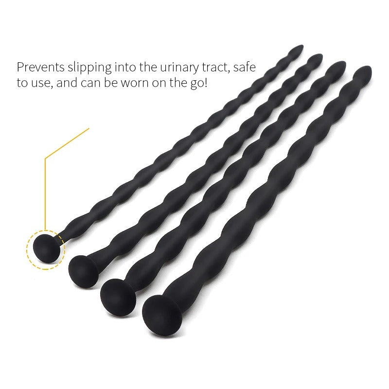 Four black wave urethral rods showcasing the safety end plug that prevents slipping into the urinary tract