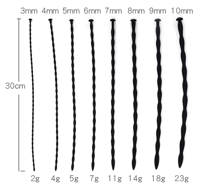 Size chart for a 30cm long ribbed wave urethral sound showing thickness from 3mm to 10mm and weight from 2g to 23g