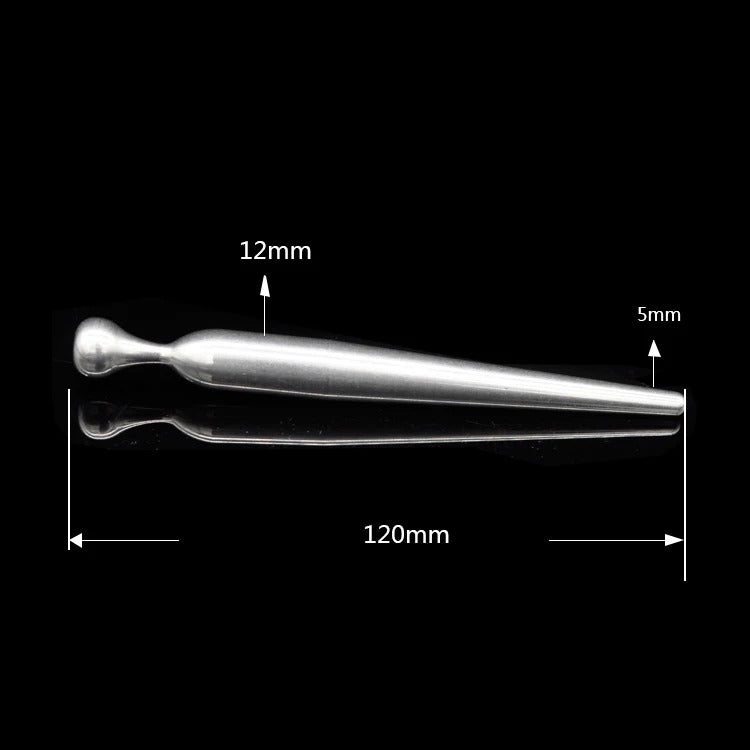 Close-up of the rounded tip on a smooth stainless steel urethral sounding rod dilator