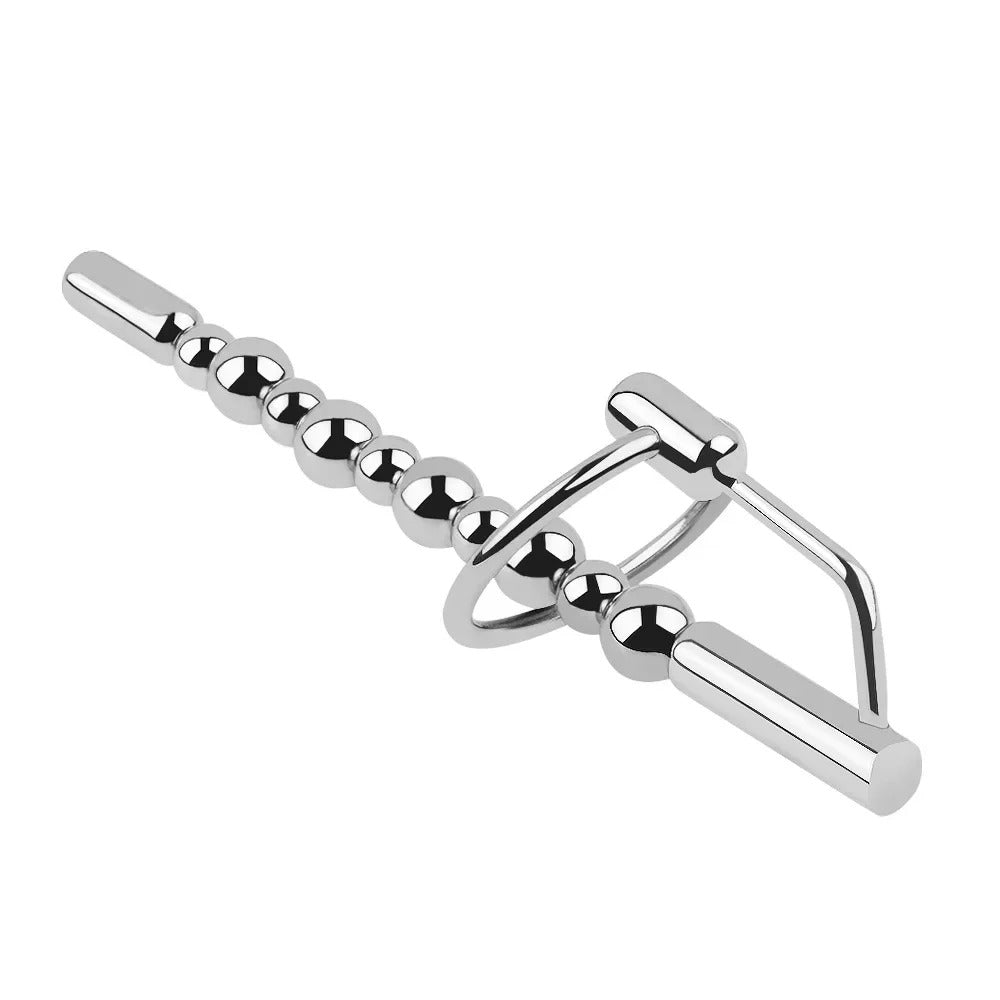 Side profile of stainless steel beaded urethral sound with integrated cock ring, sleek polished finish