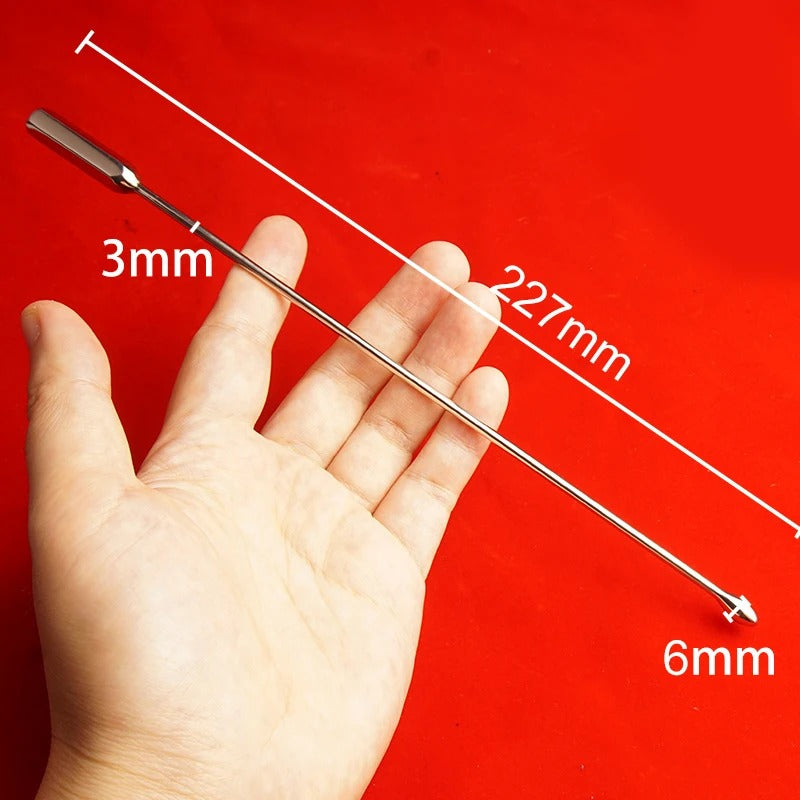 Reflective mirror finish on stainless steel bullet sound urethral dilator, close-up highlights