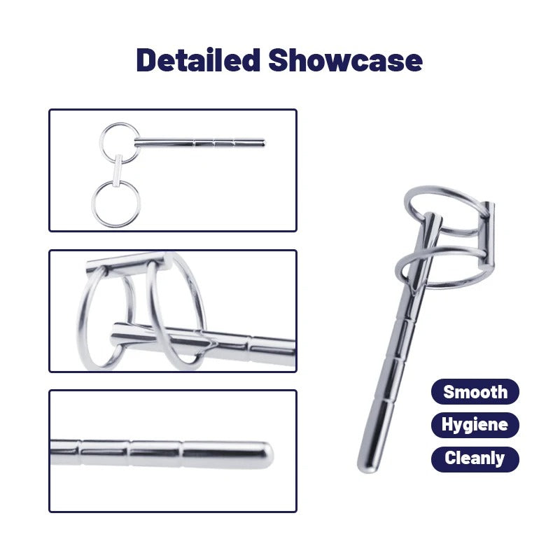 Side profile of stainless steel horse-eye urethral plug showing the slim shaft and polished finish