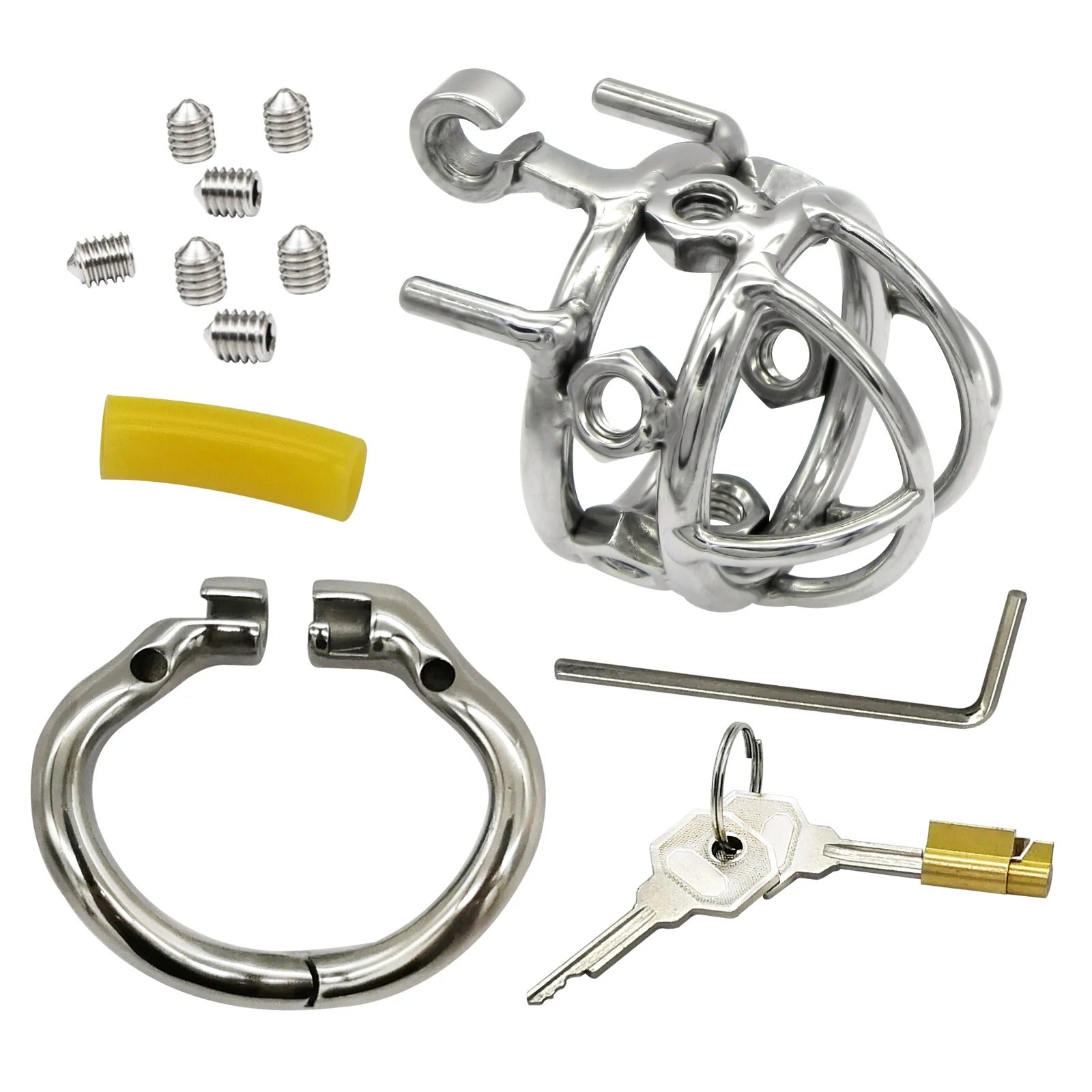 Side view of stainless steel male chastity cage