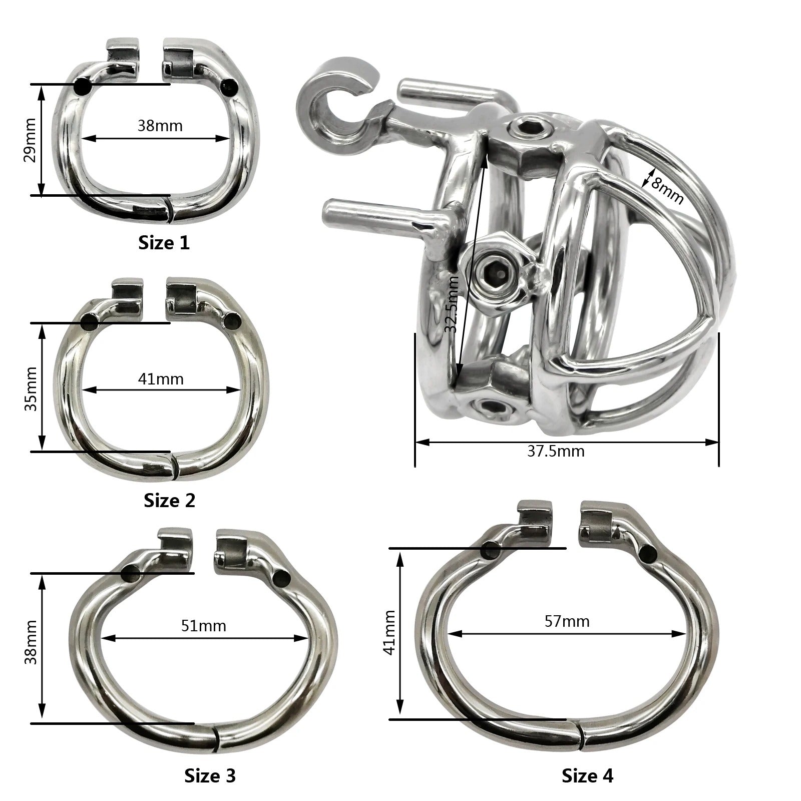 Stainless steel chastity device with brass padlock and keys